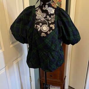 Old Navy Green and Blue Plaid Puff-Sleeve Blouse